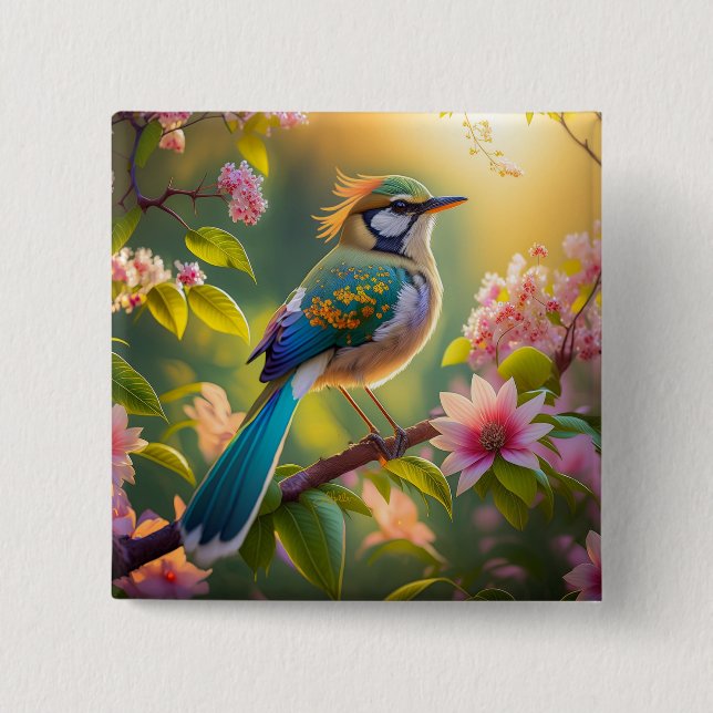 Bóton Quadrado 5.08cm Pássaro Fantástico de Ala Verde (Frente)