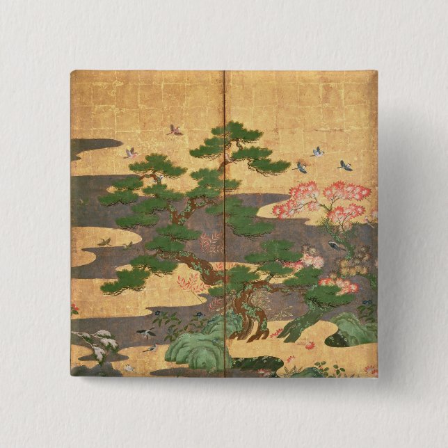 Bóton Quadrado 5.08cm Pássaros com as flores do outono e do inverno (Frente)