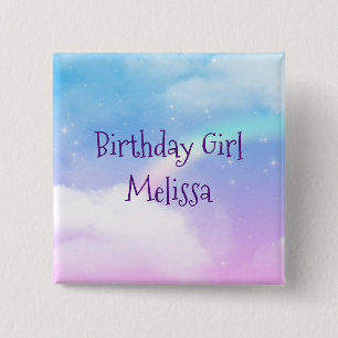 Bóton Quadrado 5.08cm Pastel Clouds e Rainbow Birthday Girl