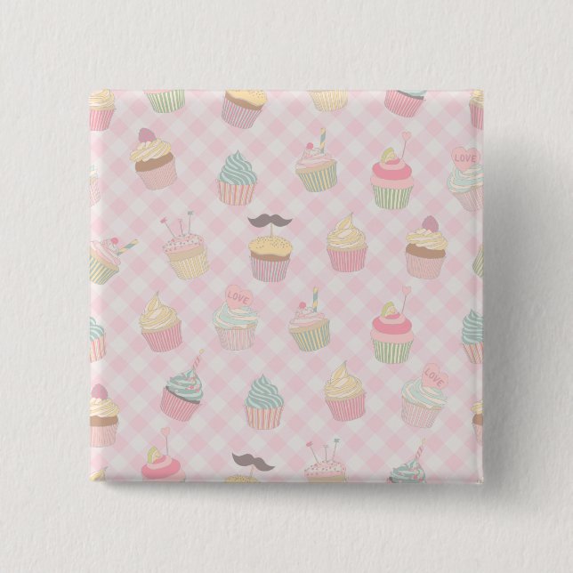 Bóton Quadrado 5.08cm Pastel Pink Gingham Cute Cupcakes Pattern (Frente)