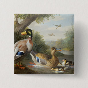 Bóton Quadrado 5.08cm Patos em uma paisagem do rio