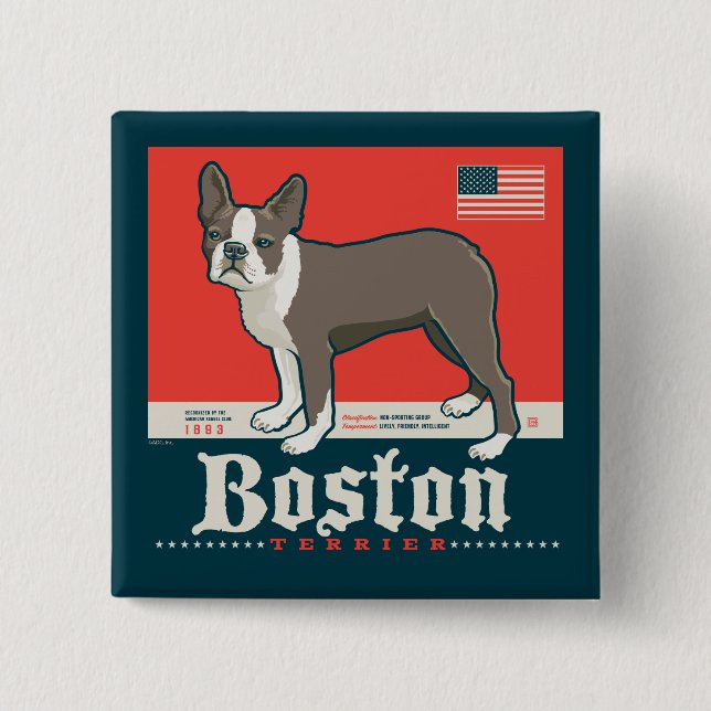 Bóton Quadrado 5.08cm Patriótico | Boston Terrier (Frente)