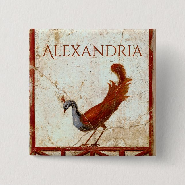 Bóton Quadrado 5.08cm Pavão na antiga pintura antiga romana de Fresco (Frente)