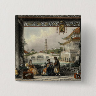 Bóton Quadrado 5.08cm Pavilhão e jardins de um mandarino perto de