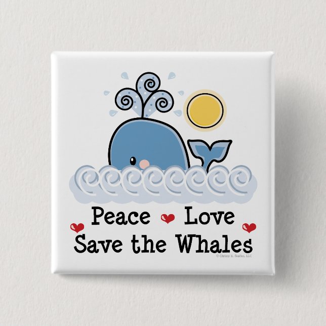 Bóton Quadrado 5.08cm Peace Love Save The Whales Button (Frente)