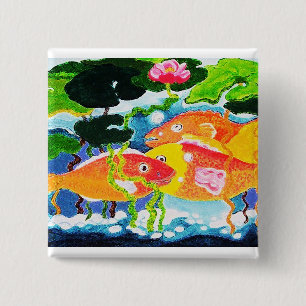 Bóton Quadrado 5.08cm Peixes dourados e aquíferos