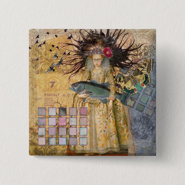 Bóton Quadrado 5.08cm Peixes Vintage Clássica Gótica (Frente)