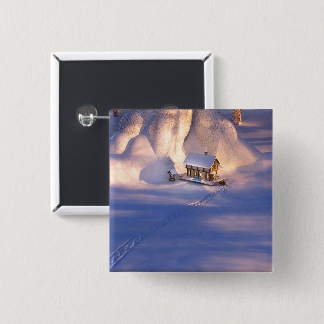 Bóton Quadrado 5.08cm Pequena Casa no Botão da Neve (Frente & Verso)
