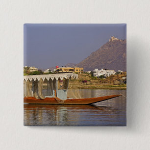 Bóton Quadrado 5.08cm Pequeno barco, Lago Pichola, Udaipur, Índia.