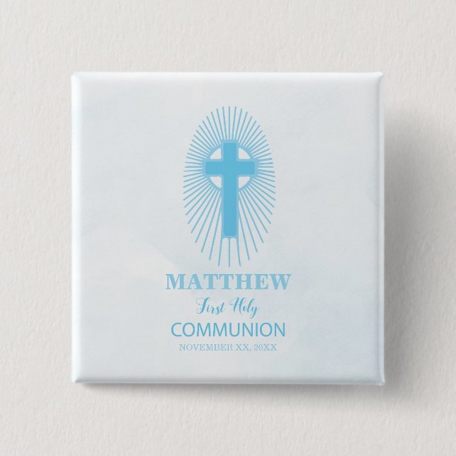 Bóton Quadrado 5.08cm Personalize, Blue First Sagrada Comunhão (Frente)