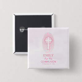 Bóton Quadrado 5.08cm Personalize, Cruz da Primeira Comunhão Rosa Hóstia