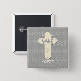 Bóton Quadrado 5.08cm Personalize, Dedicação de Bebê Creme e Cruz Cinza