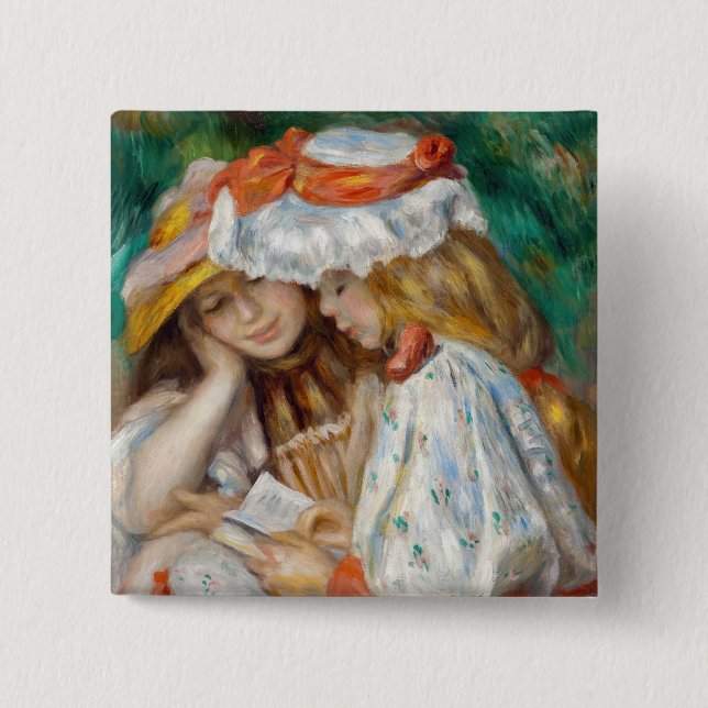 Bóton Quadrado 5.08cm Pierre-Auguste Renoir - Leitura De Duas Raparigas (Frente)