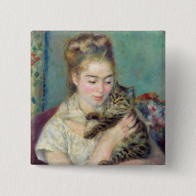 Bóton Quadrado 5.08cm Pierre-Auguste Renoir - Mulher com gato (Frente)