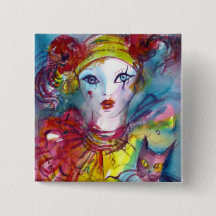 Bóton Quadrado 5.08cm PIERROT WITH CAT / Venetian Mascarada Máscaras