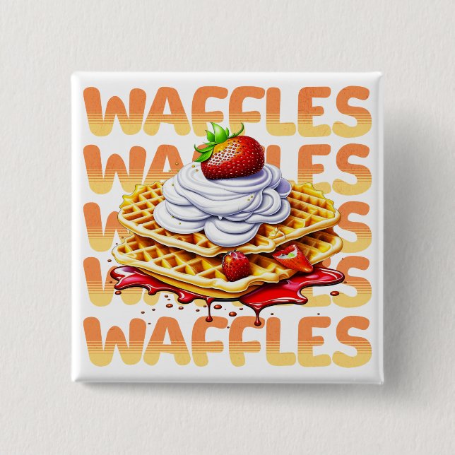 Bóton Quadrado 5.08cm Pilha de waffles cobertas em morangos (Frente)