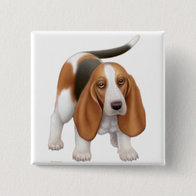 Bóton Quadrado 5.08cm Pin de Basset Hound (Frente)