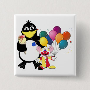 Bóton Quadrado 5.08cm Pinguim engraçado e desenho de palhaços