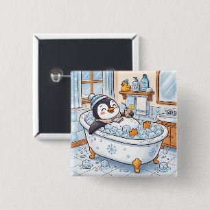 Bóton Quadrado 5.08cm Pinguim Feliz de Desenho Animado Fofo Tomando Banh
