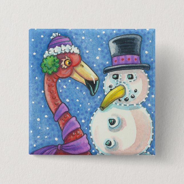 Bóton Quadrado 5.08cm PINK FLAMINGO SNOWMAN CHRISTMAS BUTTTON Square (Frente)
