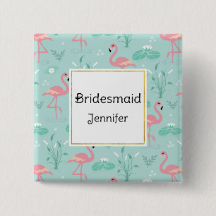 Bóton Quadrado 5.08cm Pink Flamingos Green Patterna Bridesmaid