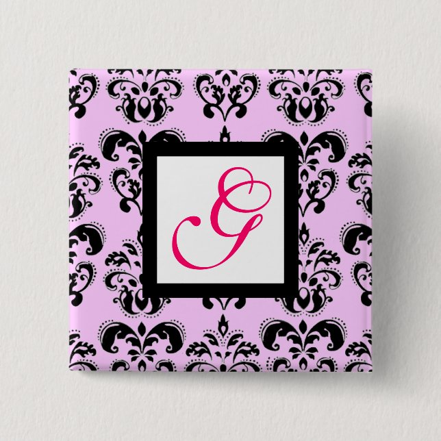 BÓTON QUADRADO 5.08CM PINK LILAC BLACK DAMASK WHITE SQUARE MONOGRAMA (Frente)