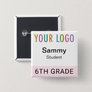 Bóton Quadrado 5.08cm Pink Student Name Tag Button with School Logo
