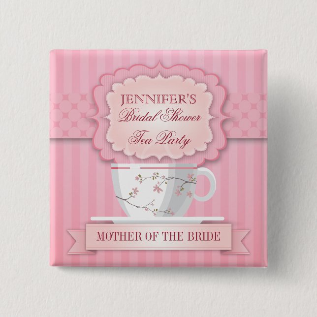 Bóton Quadrado 5.08cm Pink Tea Party Bridal Shower Button (Frente)