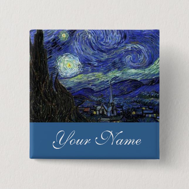 Bóton Quadrado 5.08cm Pino de nome, Vincent van Gogh, Noite Estrelada (Frente)