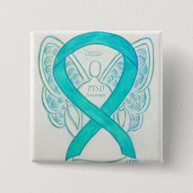 Bóton Quadrado 5.08cm Pinos de Arte Personalizados do Anjo Teal de Fita  (Frente)