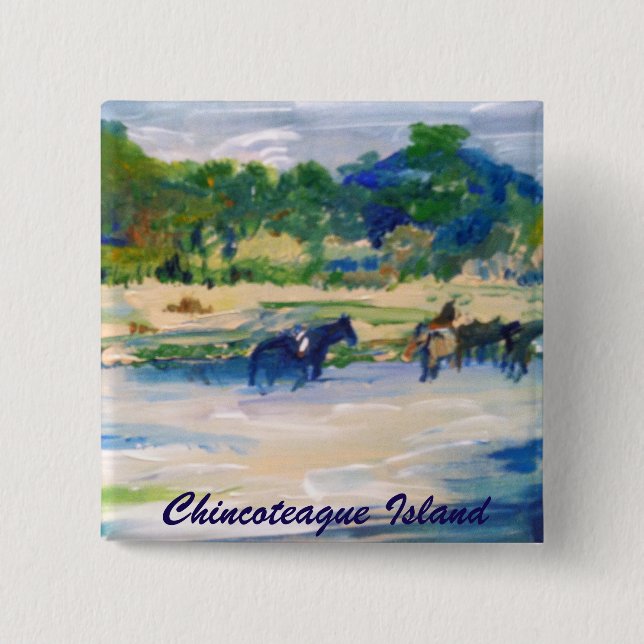 Bóton Quadrado 5.08cm Pintura de Cavalo da Ilha Chincoteague (Frente)