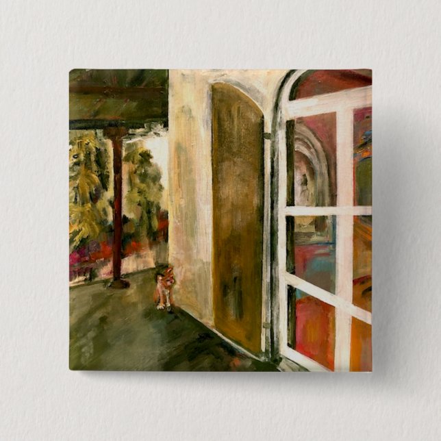 Bóton Quadrado 5.08cm Pintura "Hemingway Porch Cat" (Frente)