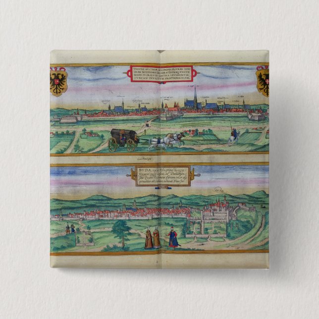 Bóton Quadrado 5.08cm Plano de cidade de Viena e de Buda, 'de Civitates (Frente)