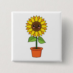 Bóton Quadrado 5.08cm Planta de girassol de Kawaii em Pote