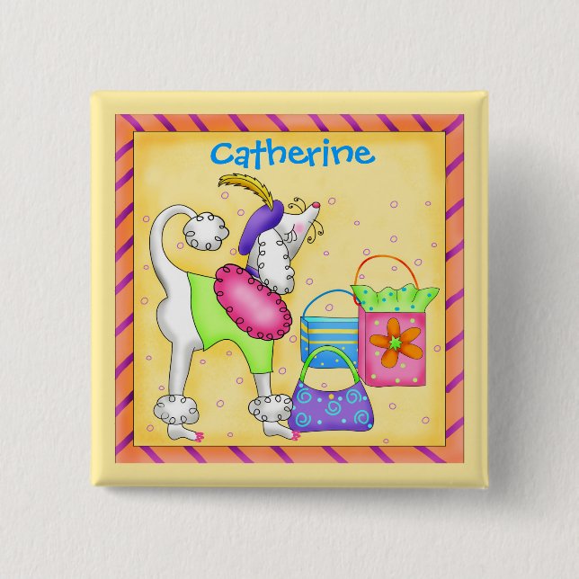 Bóton Quadrado 5.08cm Poodle Whimsy Dog Art Yellow Name Crachá (Frente)