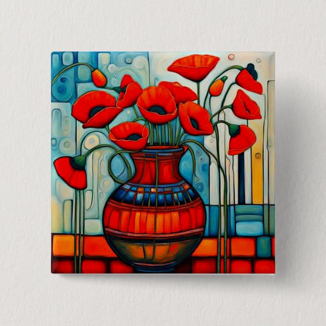 Bóton Quadrado 5.08cm Poppies em vaso (Frente)