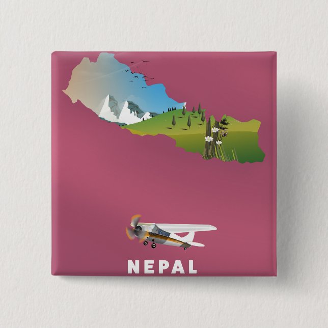 Bóton Quadrado 5.08cm Poster de mapa ilustrado do Nepal (Frente)