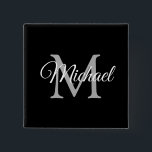 Bóton Quadrado 5.08cm Praça Modelo Preta Personalizada do Nome do Monogr<br><div class="desc">Botão Quadrado de Tendy do Monograma Personalizado Modelo Negro Elegante.</div>