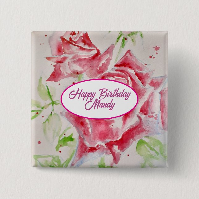 Bóton Quadrado 5.08cm Prato de Papel Padrão de Flor Rosa Vermelha (Frente)