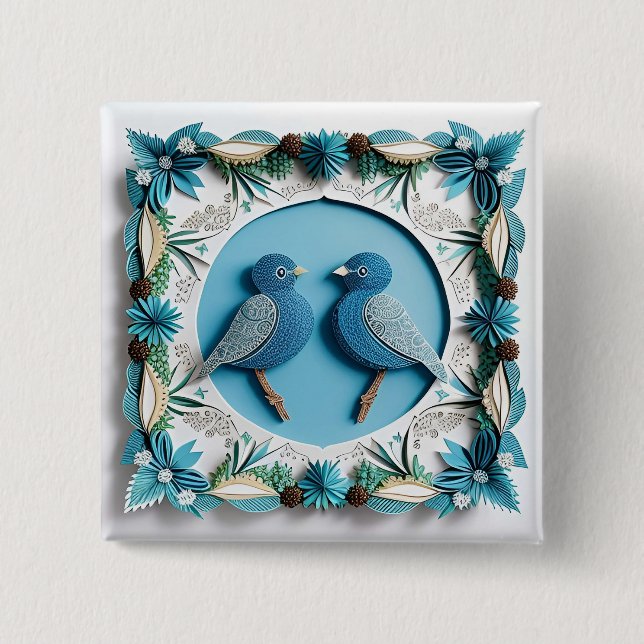 Bóton Quadrado 5.08cm 🪶 Presente de Arte em Papel de Pássaro Azulejo 🎁 (Frente)