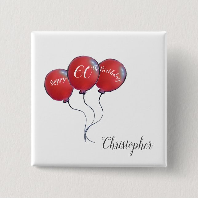 Bóton Quadrado 5.08cm presente de balão vermelho de 60 anos (Frente)