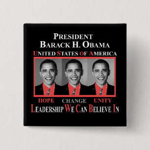 BÓTON QUADRADO 5.08CM PRESIDENTE BARACK OBAMA - VERMELHO