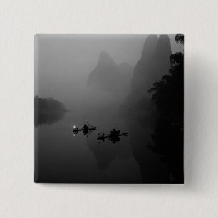 Bóton Quadrado 5.08cm Preto e branco, China, Rio Li, Pescador em