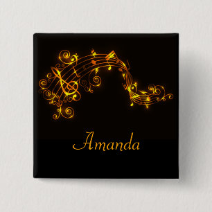 Bóton Quadrado 5.08cm Preto e notas musicais de roda do ouro