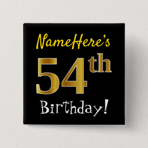 Bóton Quadrado 5.08cm Preto, Faux Dourado 54º aniversário, com nome pe