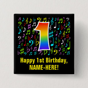 Bóton Quadrado 5.08cm primeiro aniversario: Símbolos de música colorid