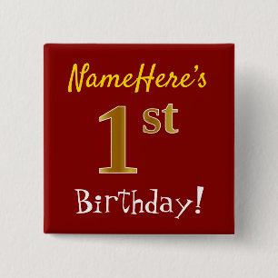 Bóton Quadrado 5.08cm primeiro aniversario Vermelho, Faux Dourado, Com N