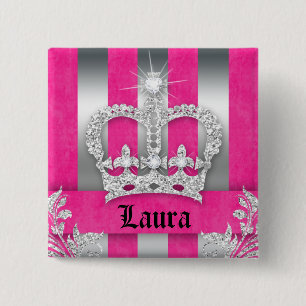 Bóton Quadrado 5.08cm Princesa Joalinha Tinta Rosa Strike Brooch Silver