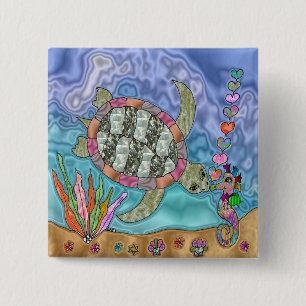 Bóton Quadrado 5.08cm Psychedelic Sea Turtle Seahorse Art