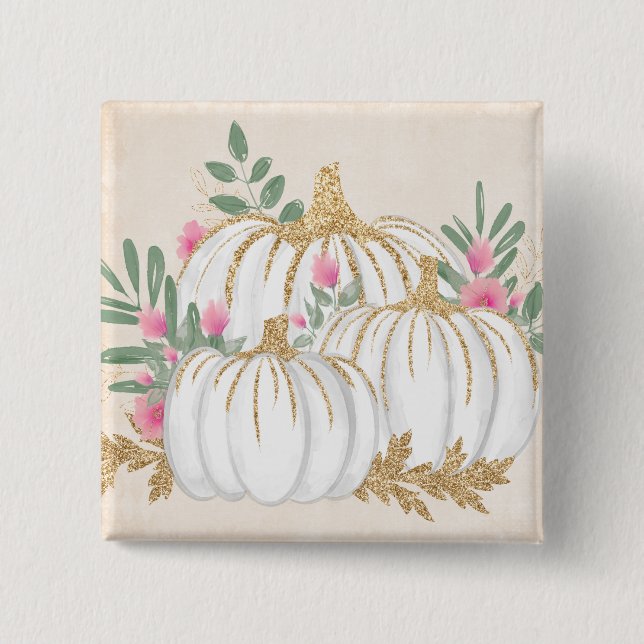 Bóton Quadrado 5.08cm Pumpkins branco e Dourado Aquarela (Frente)